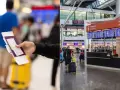 Ręka trzyma paszport i kartę pokładową. W tle tablica odlotów i ludzie z bagażami. Zastanawiasz się, ile wczesniej być na lotnisku?