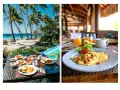 Pyszne śniadanie z widokiem na plażę i ocean. Marzenie o bora-bora loty staje się rzeczywistością.