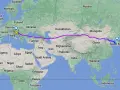 Trasa lotów do Chin z Europy, przez Azję Środkową, zaznaczona fioletową linią na mapie.