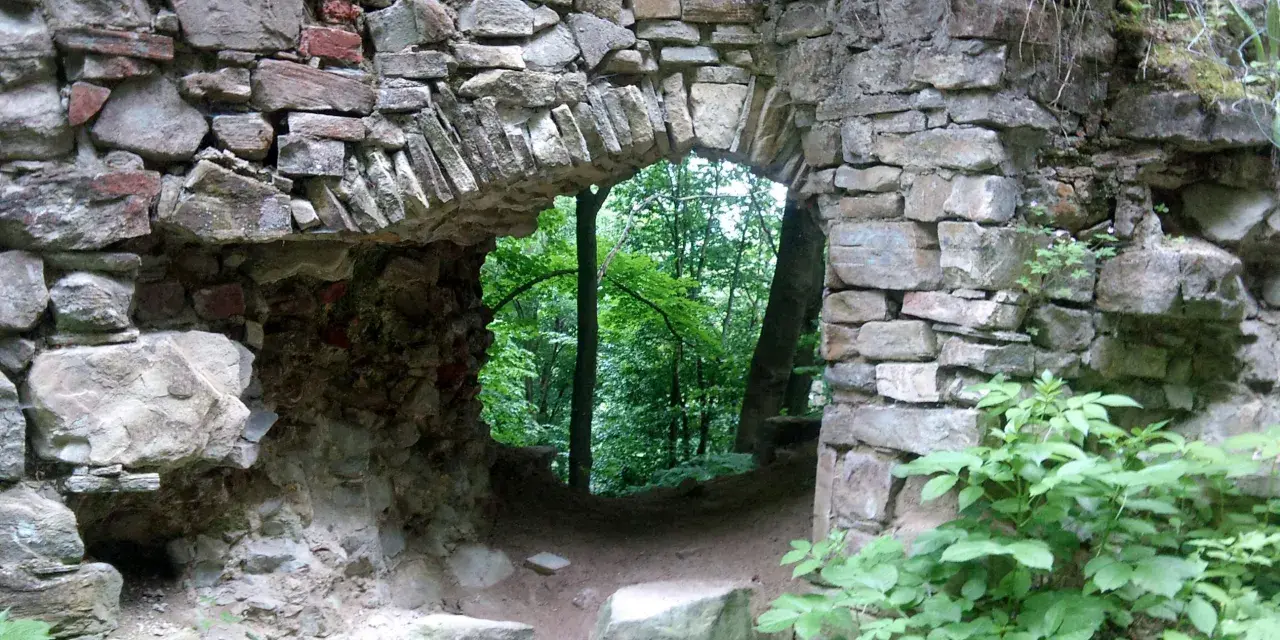 Kamienne ruiny zamku kostryn, zarośnięte zielenią, prowadzą do tajemniczego lasu.