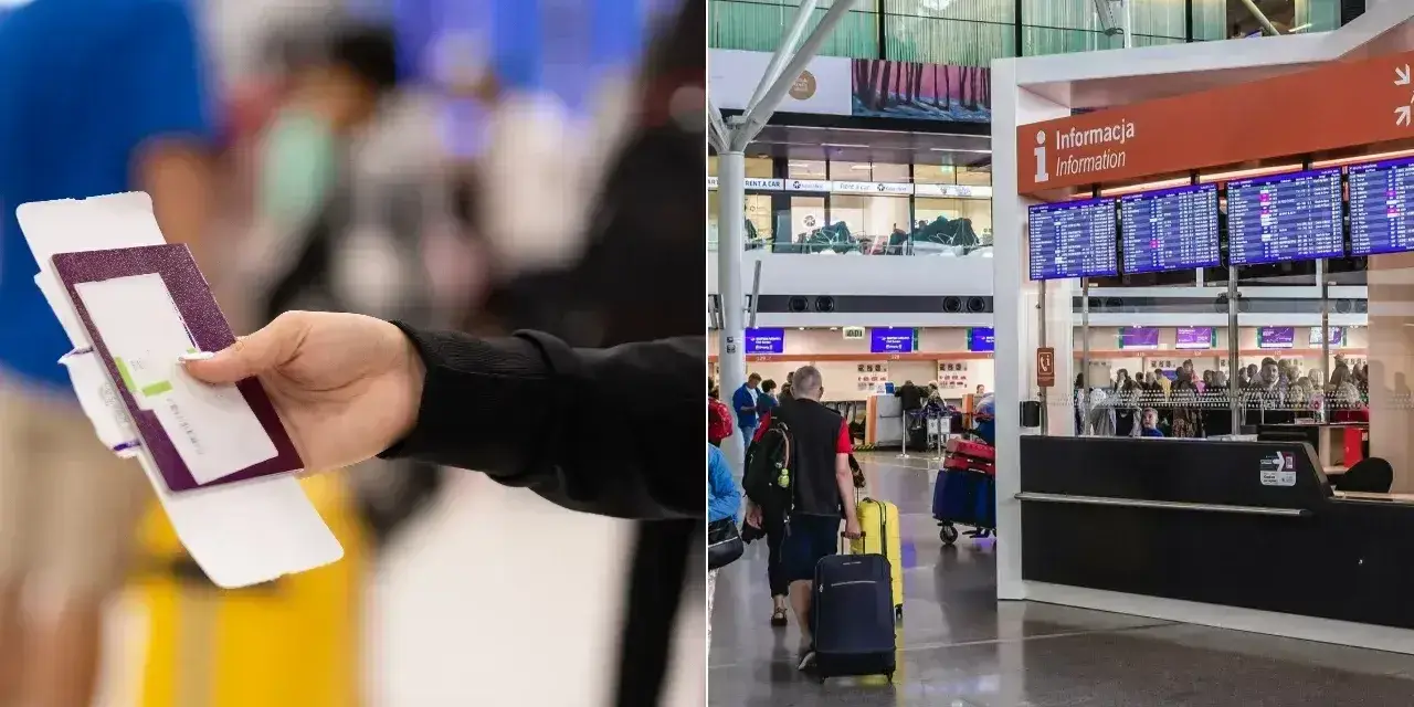 Ręka trzyma paszport i kartę pokładową. W tle tablica odlotów i ludzie z bagażami. Zastanawiasz się, ile wczesniej być na lotnisku?