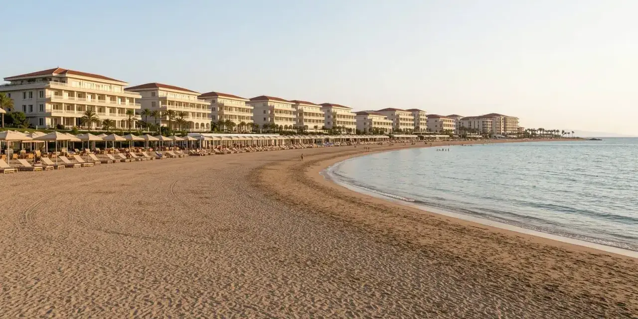 Piękna plaża z rzędami leżaków i białymi hotelami w tle, idealne miejsce na wakacje w Side Colakli.