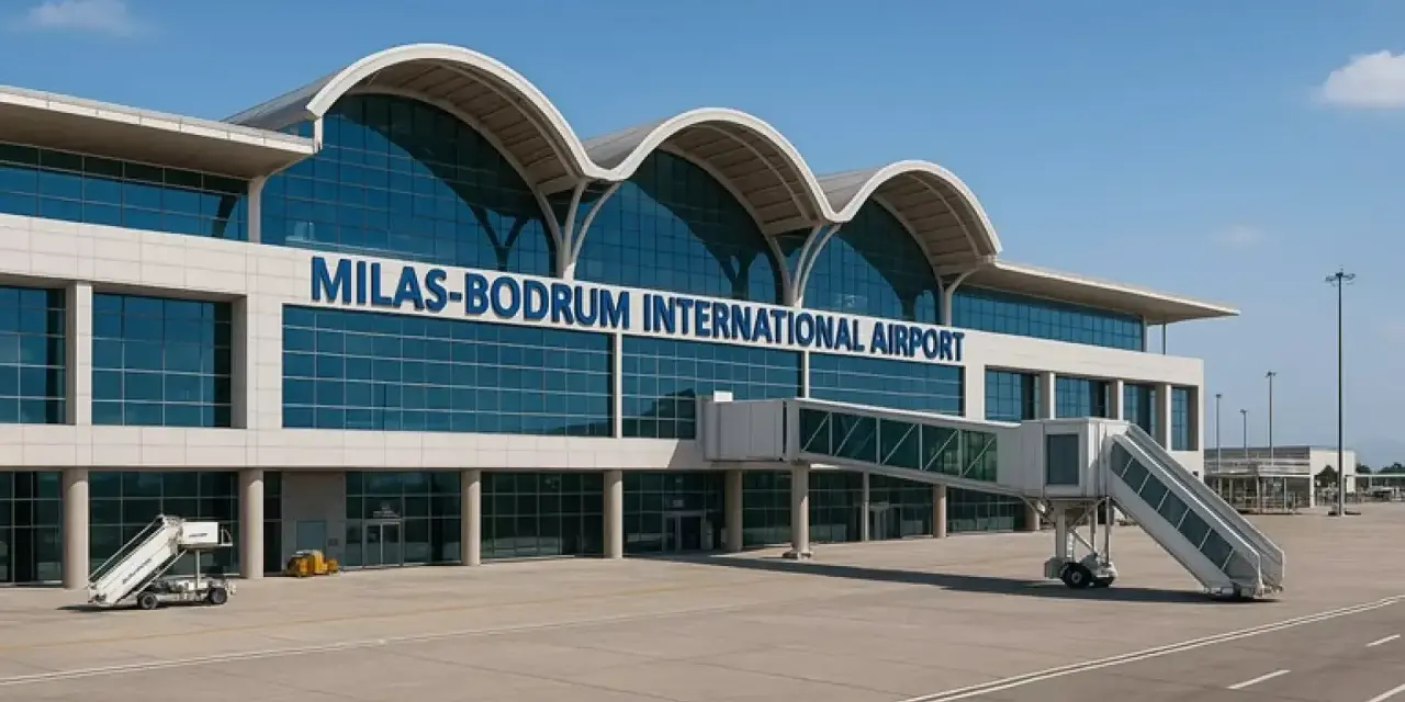 Nowoczesny budynek lotniska Milas-Bodrum International Airport z charakterystycznymi łukami dachu i szklaną fasadą. Obok widoczna rękaw lotniczy i schody.