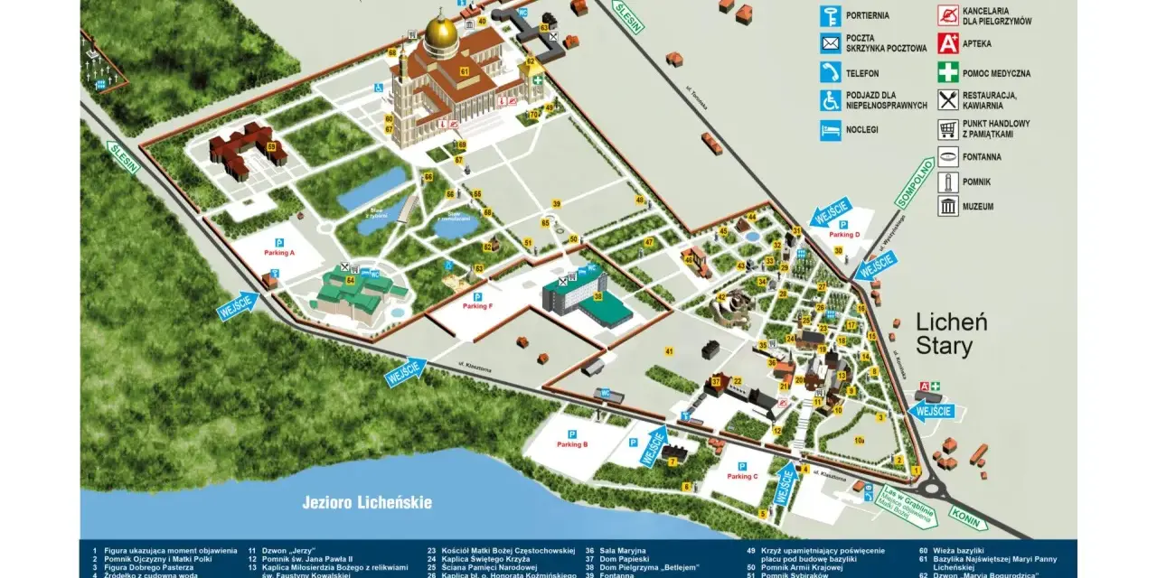 Mapa Sanktuarium w Licheniu. Znajdziesz tu cennik atrakcji, parkingów i noclegów.