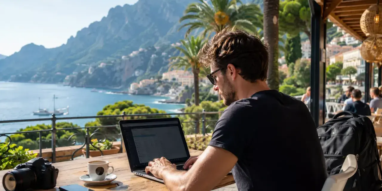 Młody globtroter pracuje na laptopie w kawiarni z widokiem na morze i góry. Obok aparat fotograficzny i filiżanka kawy.