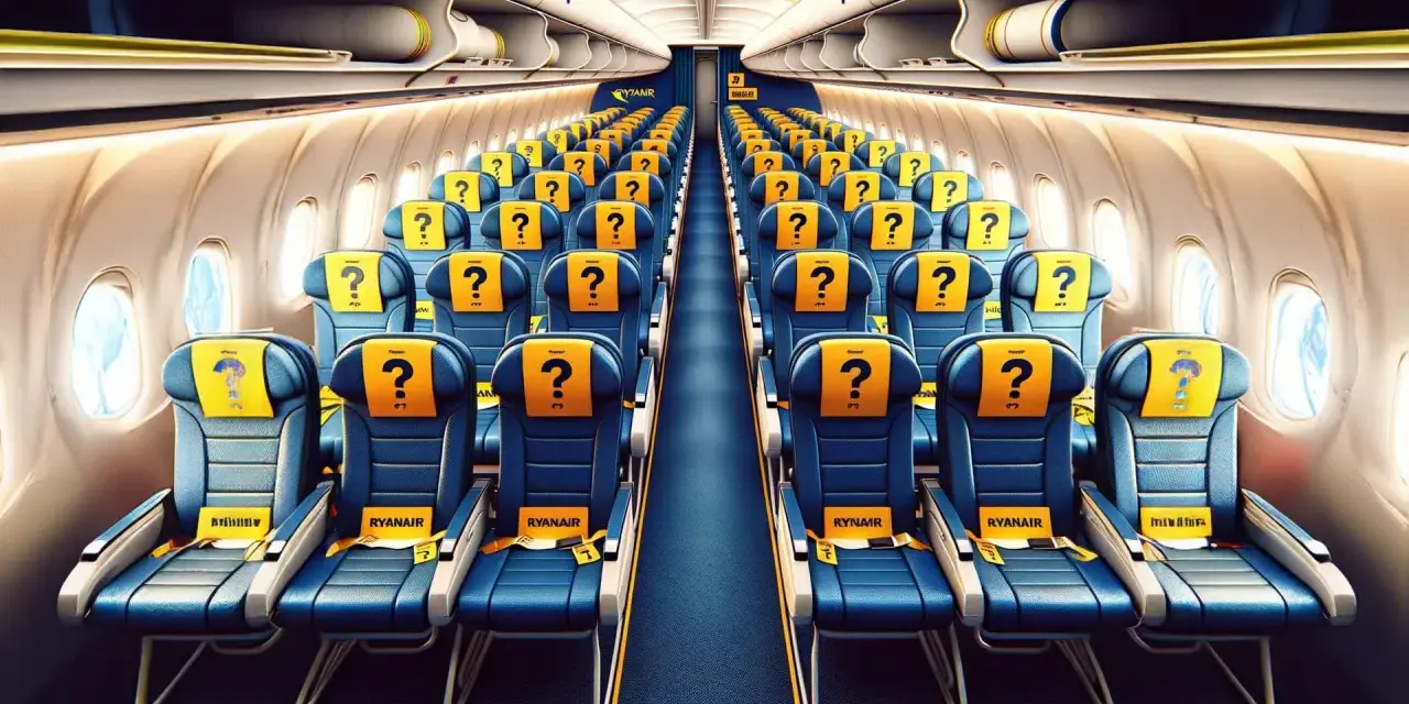 Puste siedzenia w samolocie Ryanair. Czekają na pasażerów, którzy wybierają się w podróż. Samolot lot w środku.