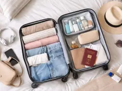 Starannie spakowany bagaż: ubrania, kosmetyki, paszport i bilet. Gotowy na podróż!