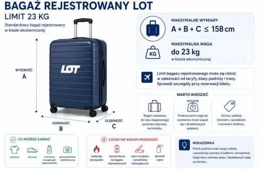 Jaki bagaż do samolotu? LOT pozwala na bagaż rejestrowany do 23 kg. Sprawdź wymiary i zawartość, by uniknąć opłat.