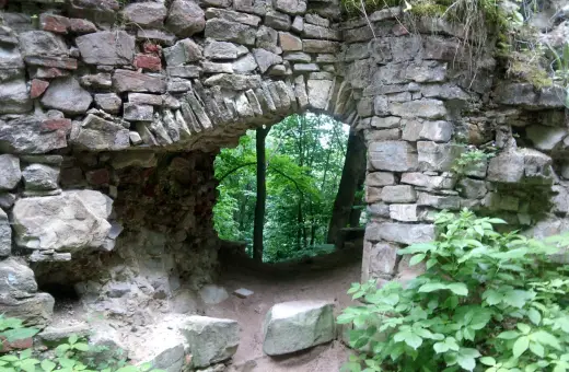 Kamienne ruiny zamku kostryn, zarośnięte zielenią, prowadzą do tajemniczego lasu.