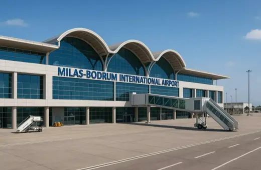 Nowoczesny budynek lotniska Milas-Bodrum International Airport z charakterystycznymi łukami dachu i szklaną fasadą. Obok widoczna rękaw lotniczy i schody.
