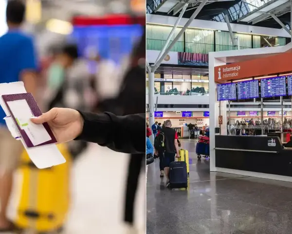Ręka trzyma paszport i kartę pokładową. W tle tablica odlotów i ludzie z bagażami. Zastanawiasz się, ile wczesniej być na lotnisku?