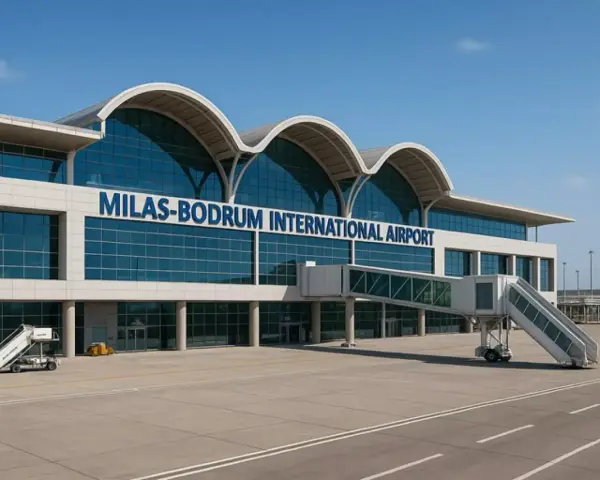 Nowoczesny budynek lotniska Milas-Bodrum International Airport z charakterystycznymi łukami dachu i szklaną fasadą. Obok widoczna rękaw lotniczy i schody.