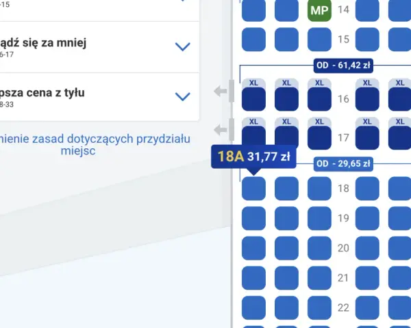 Wybór miejsc w samolocie Ryanair. Widok na rząd 18A, z opcją XL i ceną 31,77 zł. Dostępne są też inne miejsca w samolocie Ryanair przy oknie.