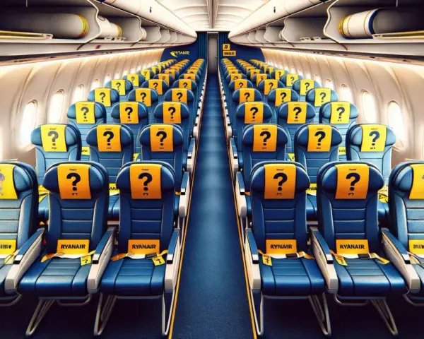 Puste siedzenia w samolocie Ryanair. Czekają na pasażerów, którzy wybierają się w podróż. Samolot lot w środku.