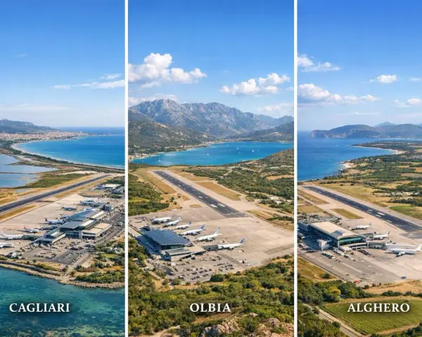 Trzy lotniska na Sardynii: Cagliari, Olbia i Alghero, z widokiem na morze i góry.