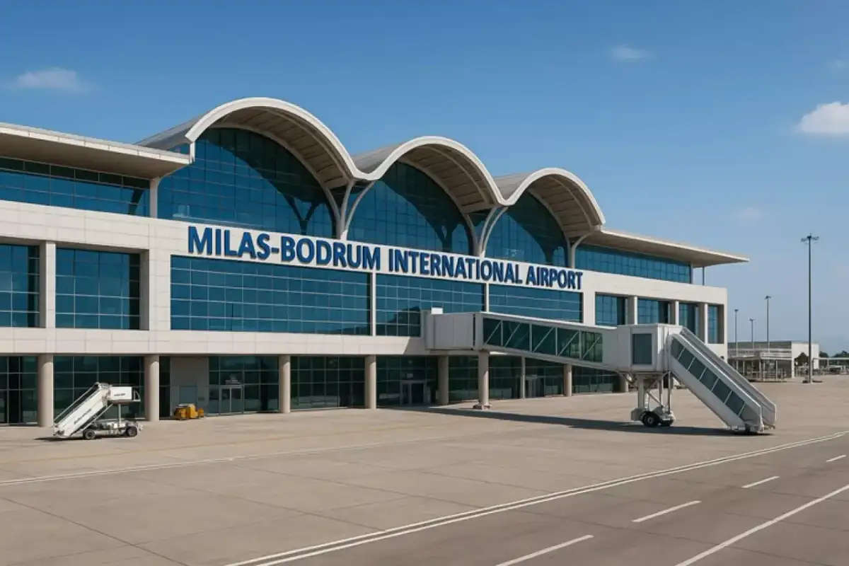 Nowoczesny budynek lotniska Milas-Bodrum International Airport z charakterystycznymi łukami dachu i szklaną fasadą. Obok widoczna rękaw lotniczy i schody.