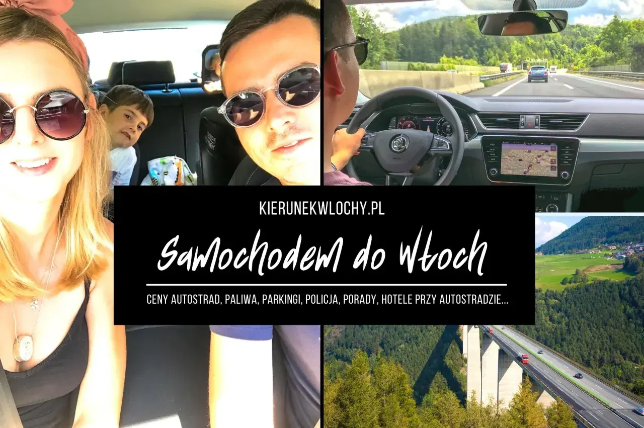 Rodzina w podróży samochodem do Włoch. Widok na autostradę i malownicze krajobrazy.