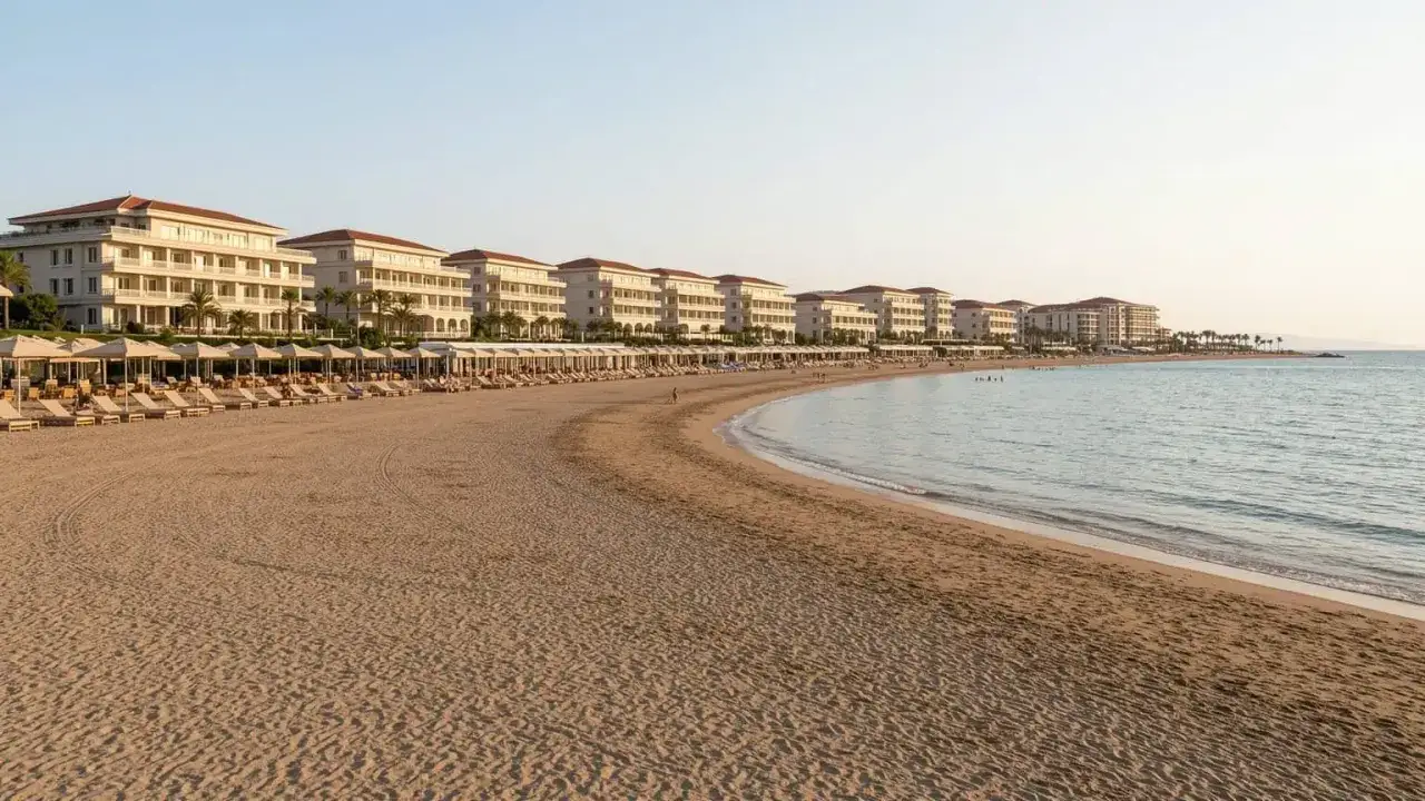 Piękna plaża w Side Colakli z rzędem leżaków i białych hoteli w tle.
