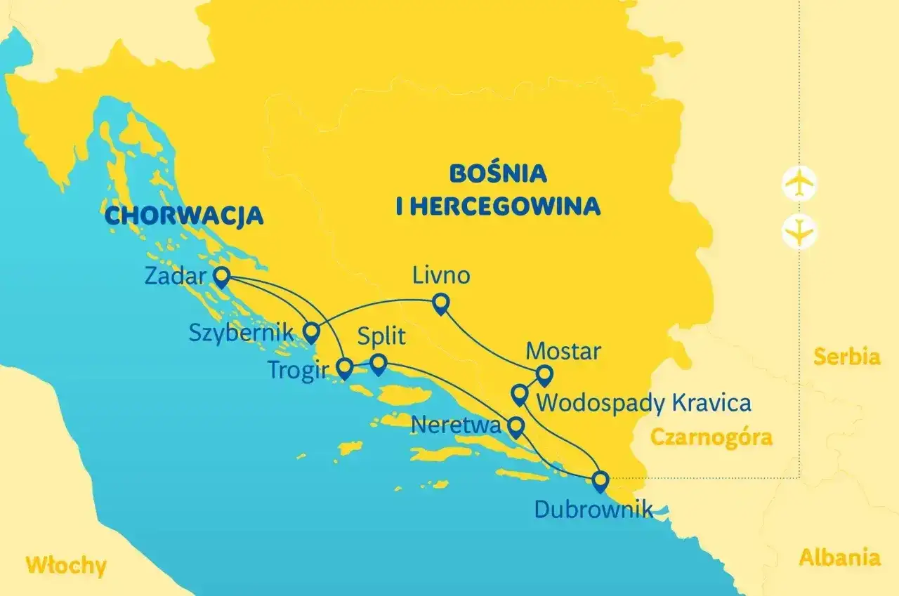Mapa turystyczna Chorwacji i Bośni z zaznaczonymi miastami: Zadar, Split, Dubrownik. Pokazuje trasę podróży, sugerując, ile się leci do Chorwacji.