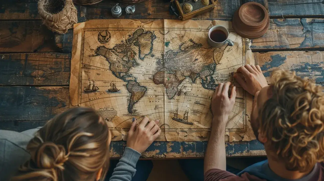 Para globtroterów planuje podróż, badając starą mapę świata.