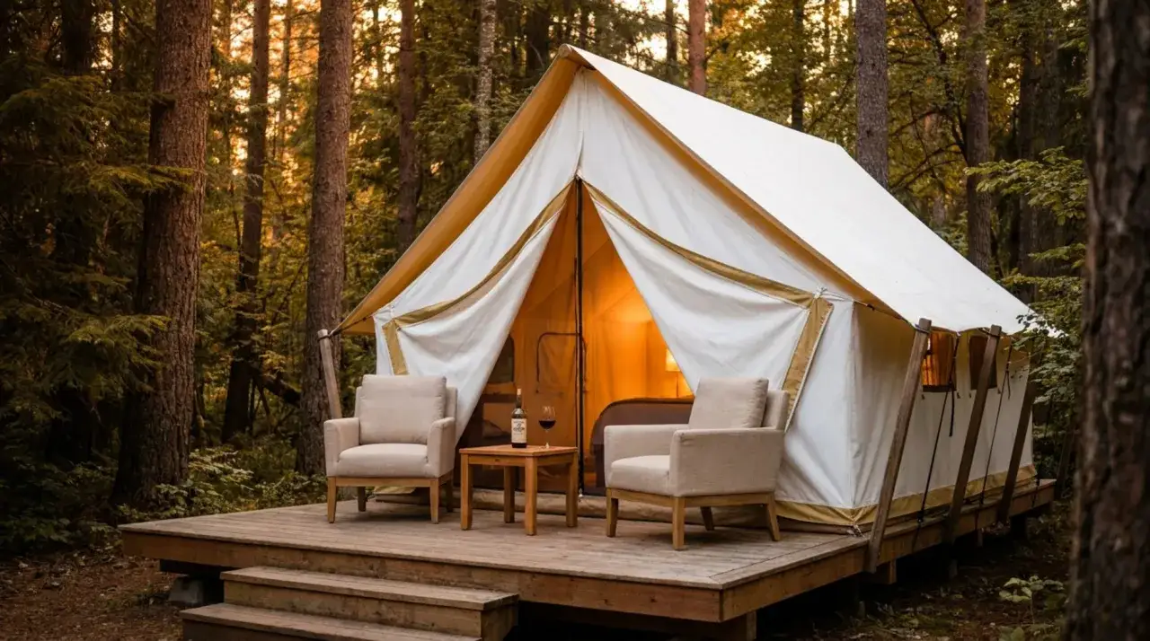 Glamping w lesie: namiot z wygodnymi fotelami i stolikiem, idealny na jedne z najlepszych kempingów w Polsce.