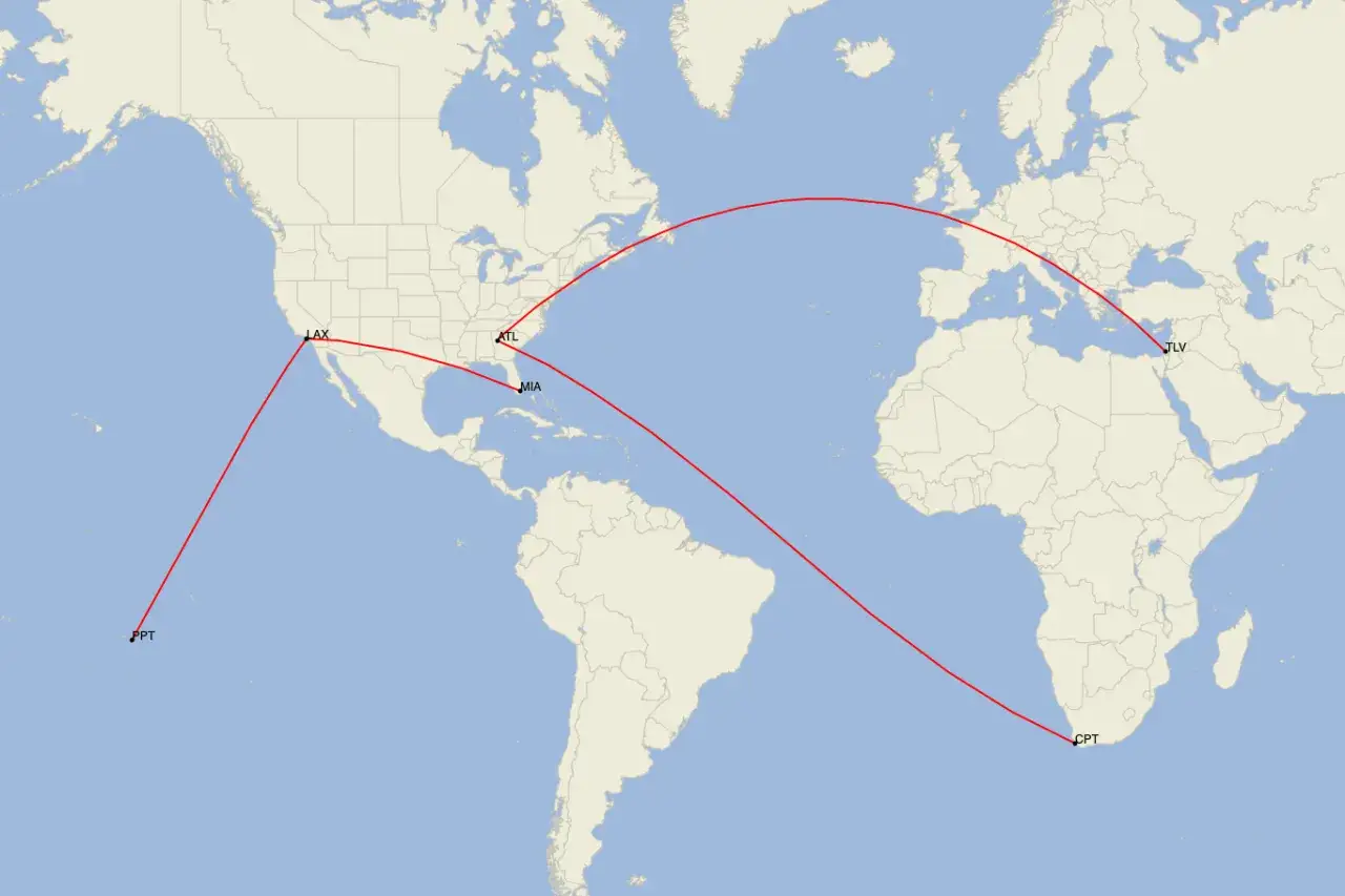 Trasa lotów: LAX, MIA, ATL, TLV, CPT i PPT. Marzenie o Bora-Bora loty staje się rzeczywistością!