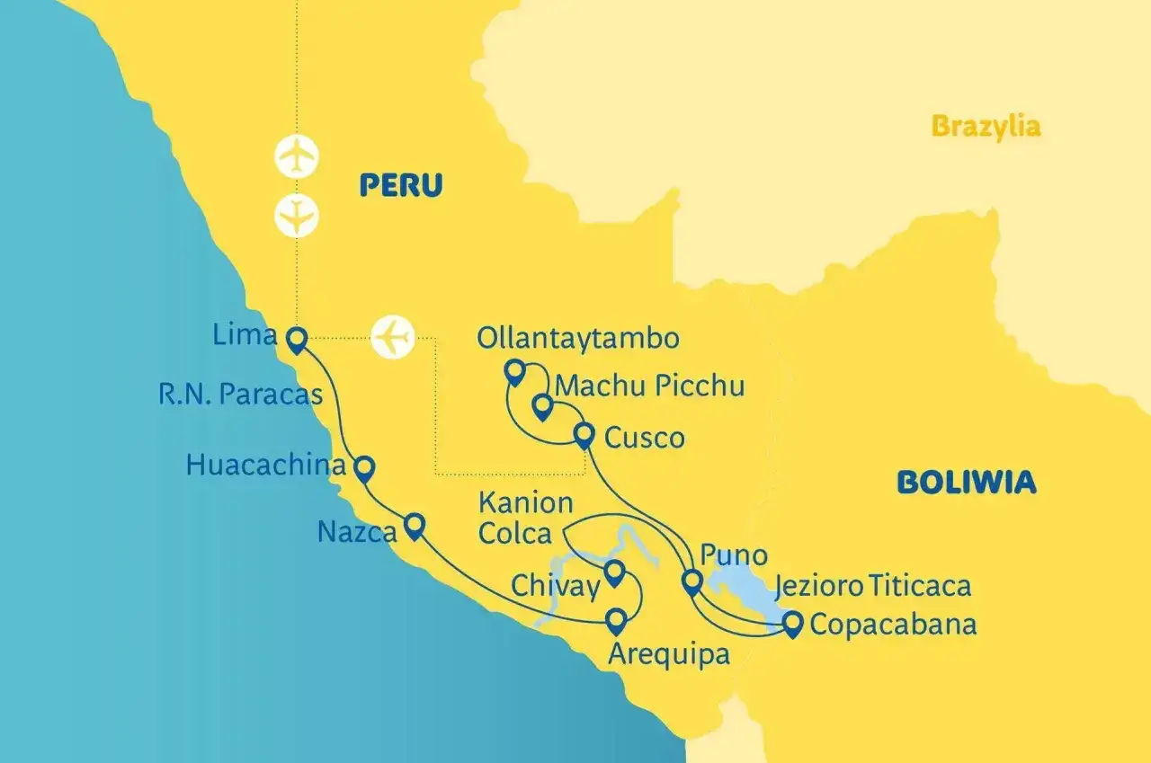 Mapa Peru z zaznaczonymi atrakcjami: Lima, Machu Picchu, Jezioro Titicaca. Idealna aplikacja do planowania podróży po Ameryce Południowej.