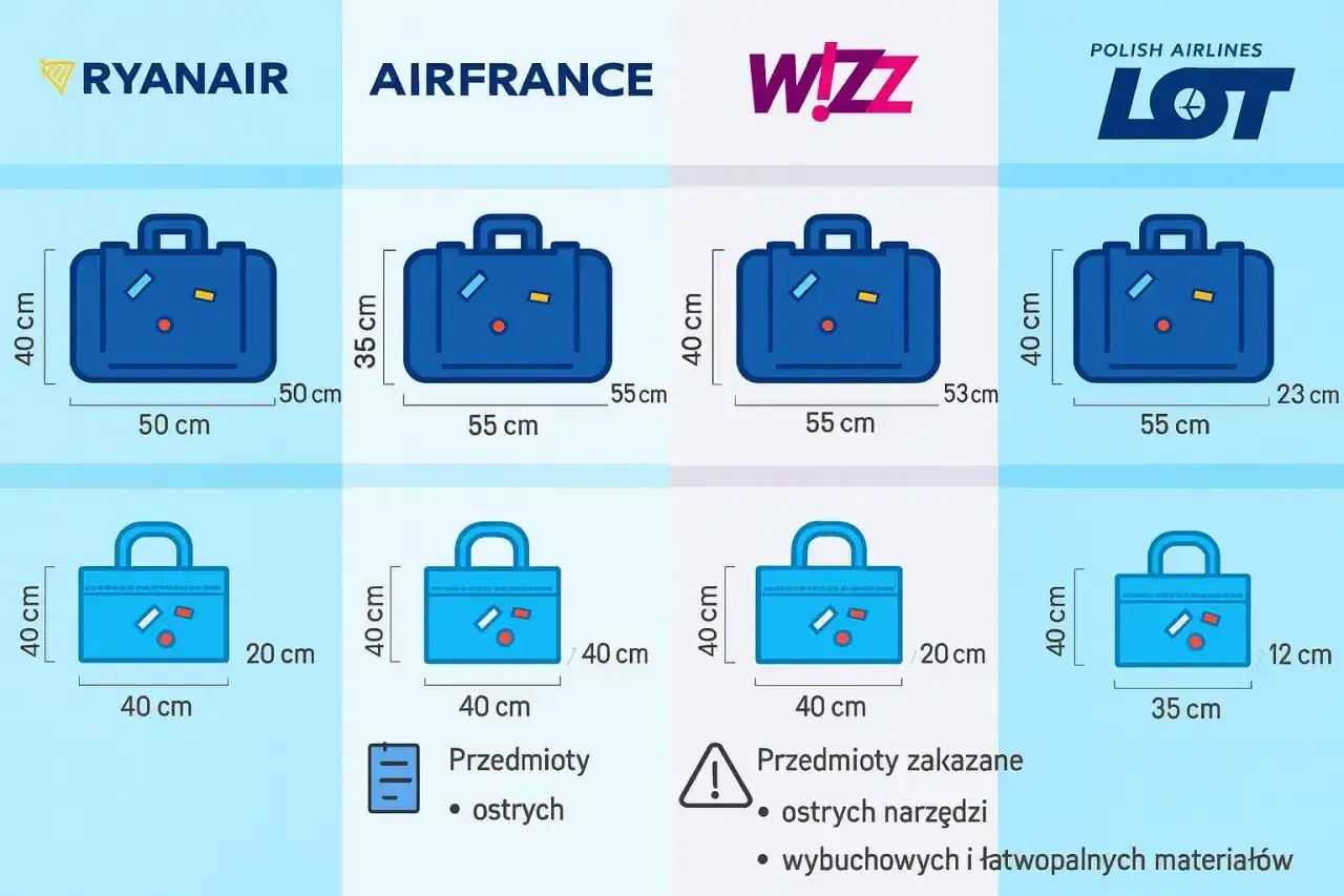 Porównanie wymiarów bagażu podręcznego i rejestrowanego dla linii lotniczych Ryanair, Air France, Wizz Air i LOT.